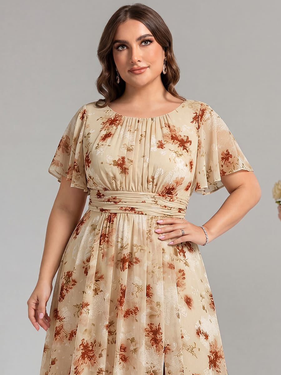 Simple Chiffon Pleated A-Line Round Neckline Bridesmaid Dress #color_Champagne Print