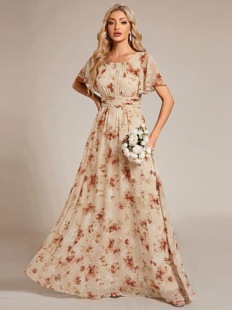 Simple Chiffon Pleated A-Line Round Neckline Bridesmaid Dress #color_Champagne Print