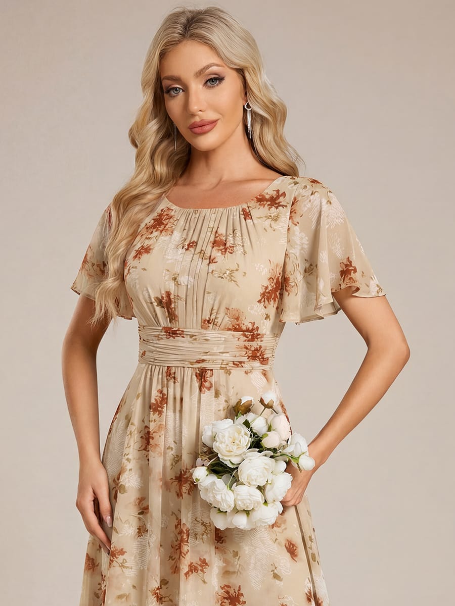 Simple Chiffon Pleated A-Line Round Neckline Bridesmaid Dress #color_Champagne Print