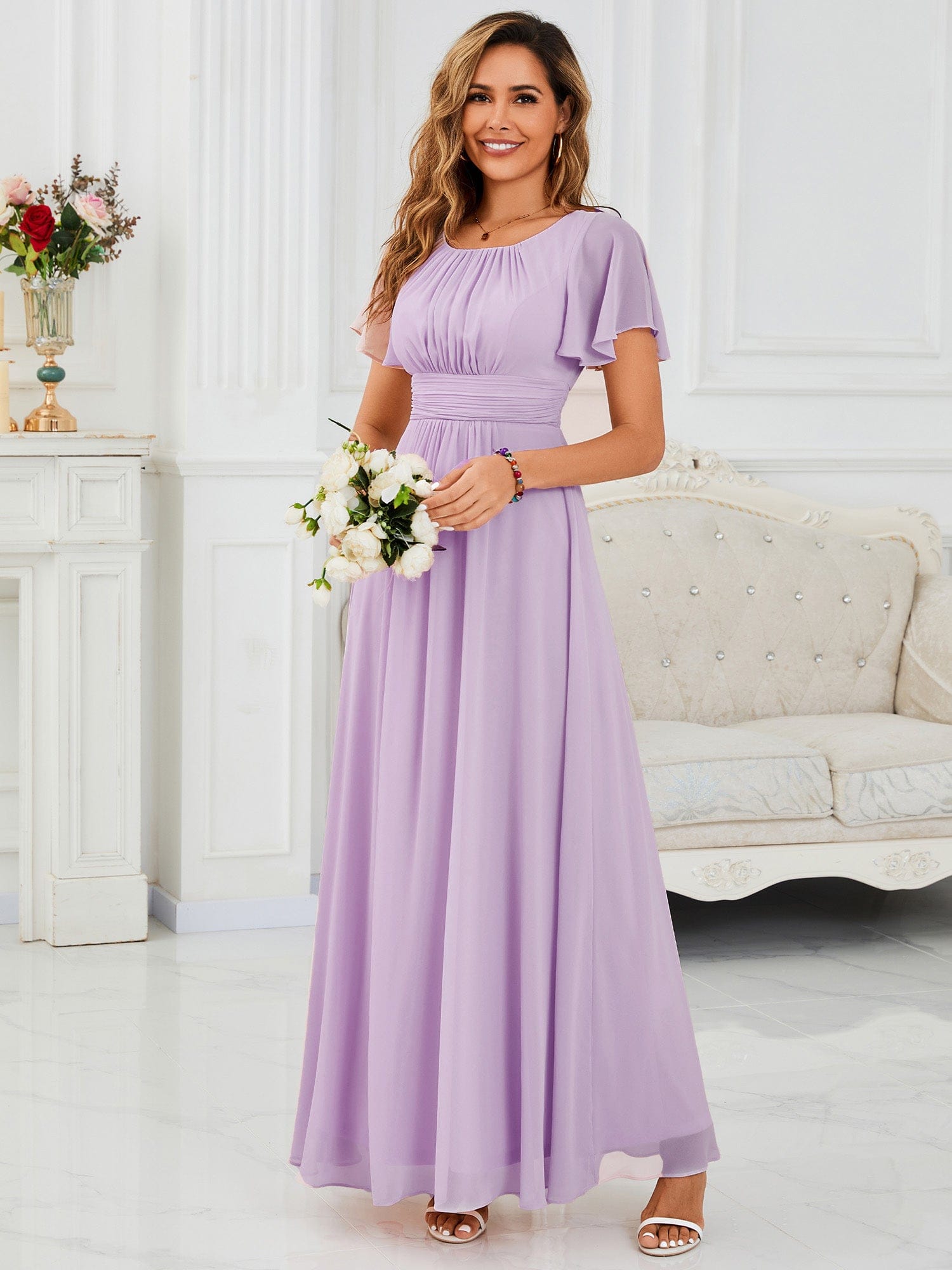 Stylish Chiffon Plus Size Evening Dresses with Long Lantern Sleeves #color_Frosted Lilac