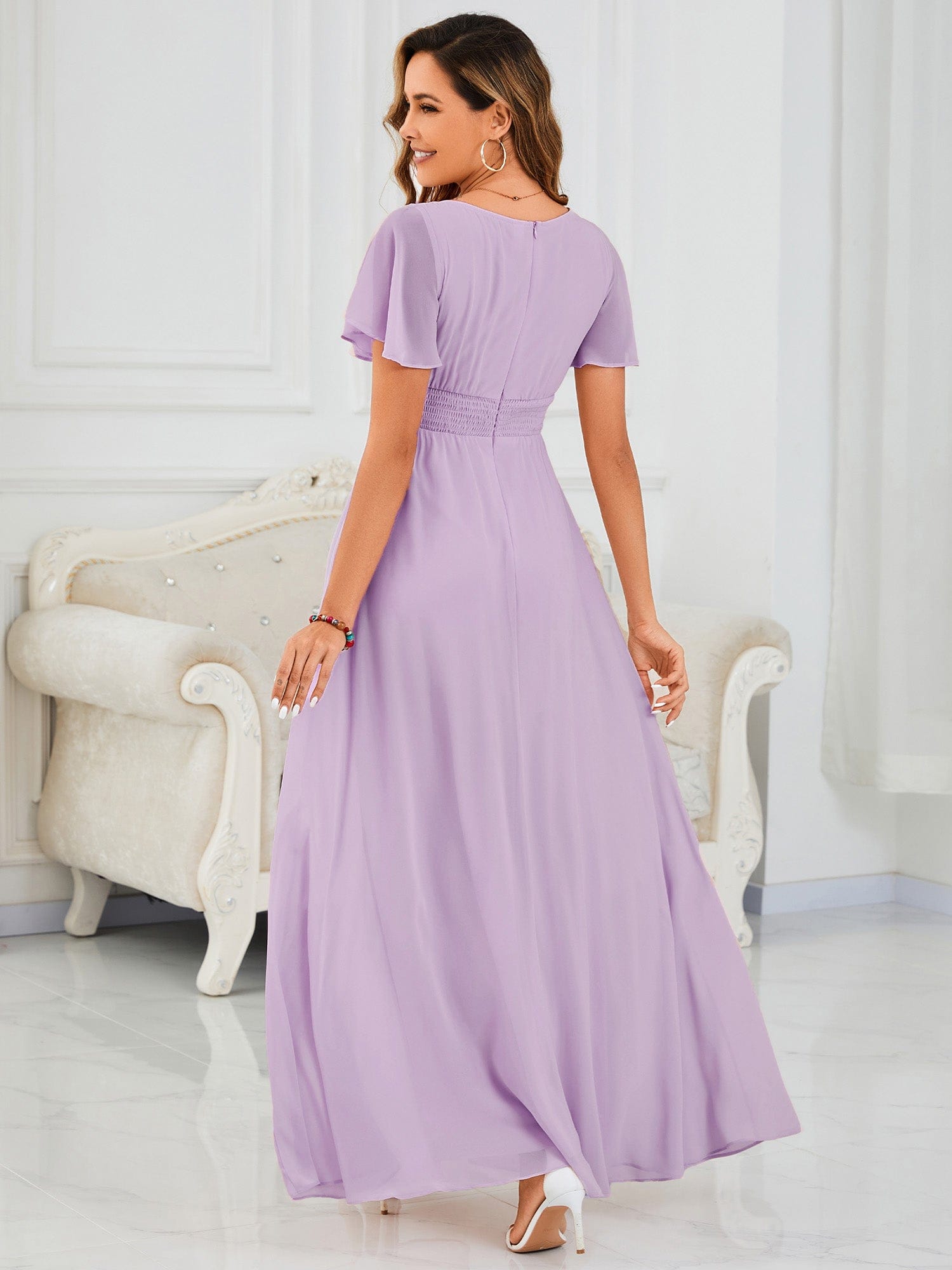 Stylish Chiffon Plus Size Evening Dresses with Long Lantern Sleeves #color_Frosted Lilac