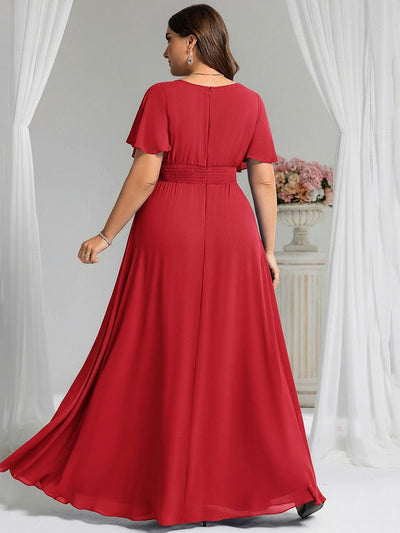Stylish Chiffon Plus Size Evening Dresses with Long Lantern Sleeves #color_Red