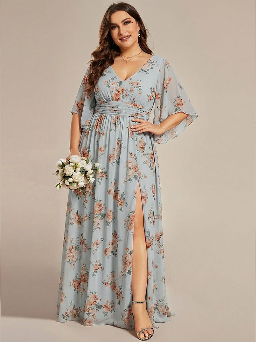 Chiffon A-Line Half Sleeves High Slit Bridesmaid Dress #color_Amber Bloom