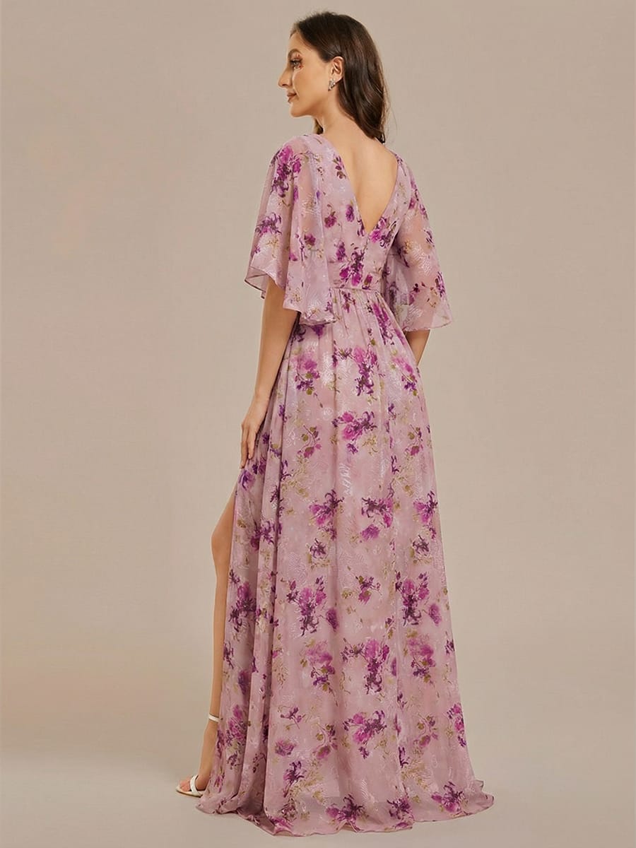 Chiffon A-Line Half Sleeves High Slit Bridesmaid Dress #color_Light Purple Print