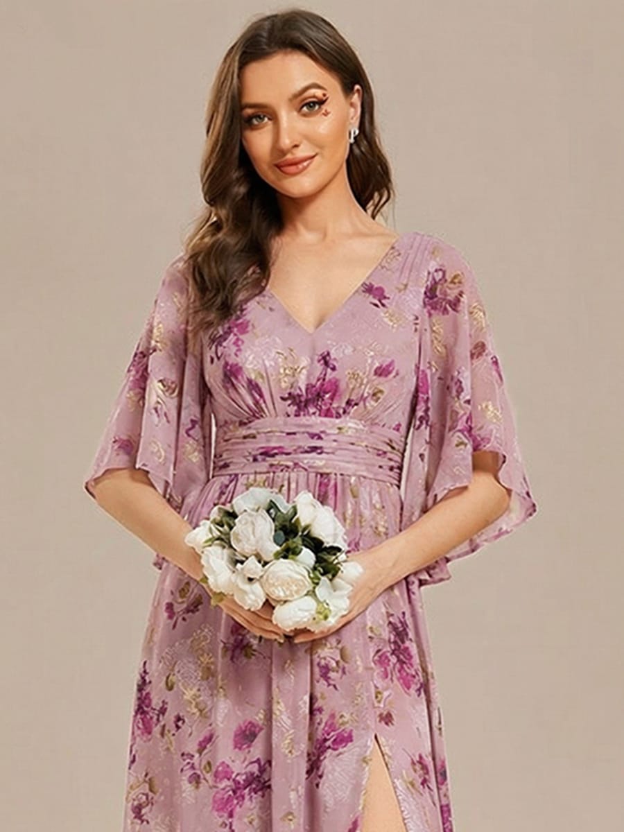 Chiffon A-Line Half Sleeves High Slit Bridesmaid Dress #color_Light Purple Print