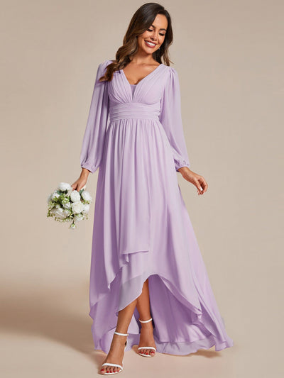 Enchanting Chiffon Lantern Sleeve Pleated High Waist Bridesmaid Dress #color_Frosted Lilac