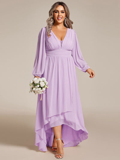 Enchanting Chiffon Lantern Sleeve Pleated High Waist Bridesmaid Dress #color_Frosted Lilac