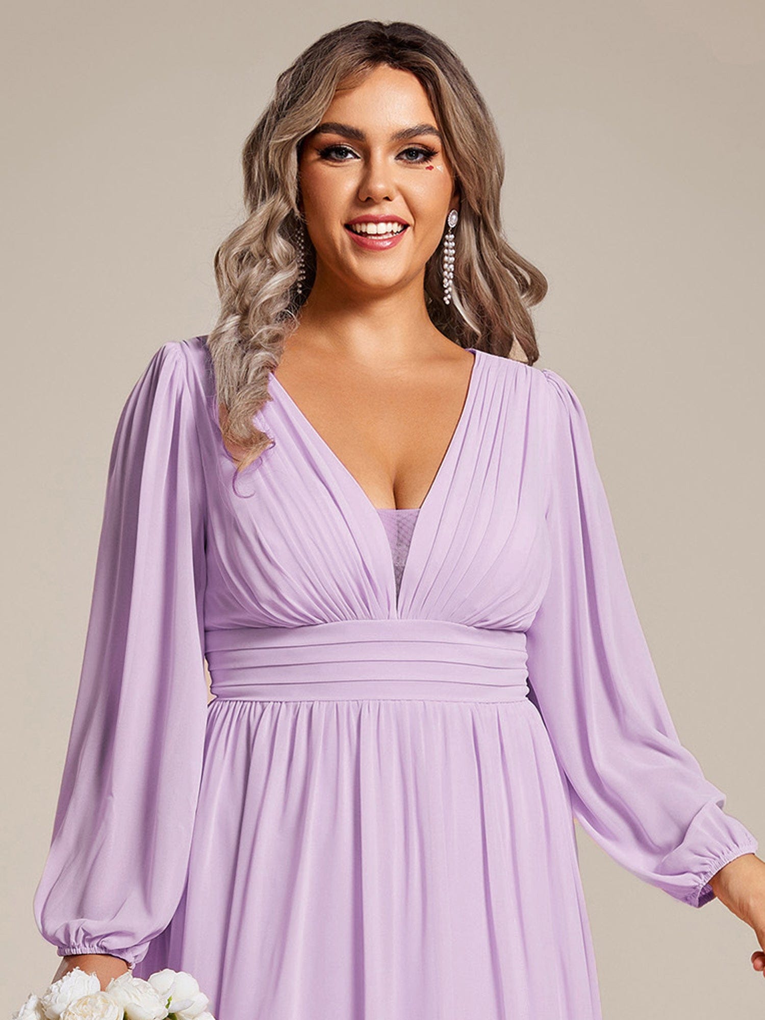 Enchanting Chiffon Lantern Sleeve Pleated High Waist Bridesmaid Dress #color_Frosted Lilac