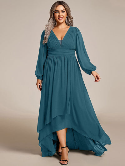 Plus Size Enchanting Chiffon Lantern Sleeve Pleated High Waist Bridesmaid Dress #color_Teal