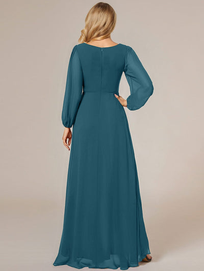 Enchanting Chiffon Lantern Sleeve Pleated High Waist Bridesmaid Dress #color_Teal