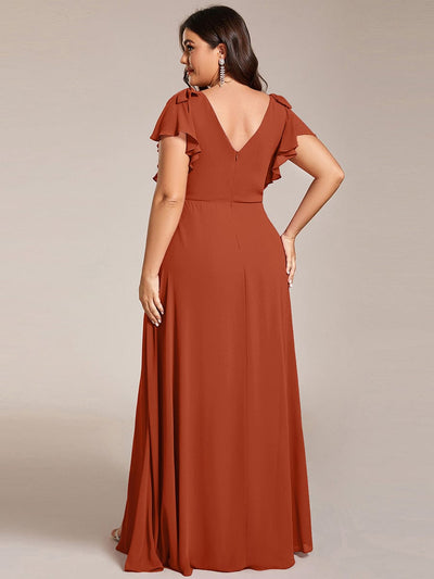 Plus Size Double V-Neck High Split Bridesmaid Dress with Ribbon Bow #color_Burnt Orange