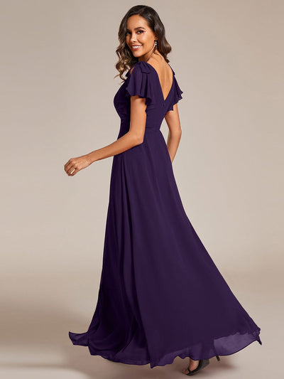 Double V-Neck High Split Bridesmaid Dress with Ribbon Bow #color_Dark Purple