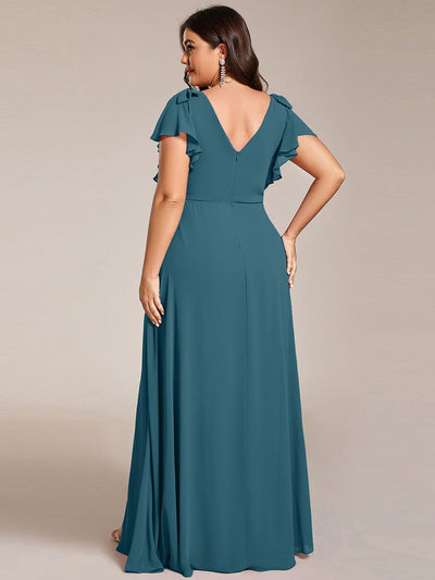 Plus Size Double V-Neck High Split Bridesmaid Dress with Ribbon Bow #color_Teal