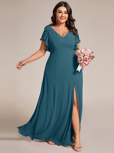 Plus Size Double V-Neck High Split Bridesmaid Dress with Ribbon Bow #color_Teal