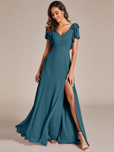 Double V-Neck High Split Bridesmaid Dress with Ribbon Bow #color_Teal