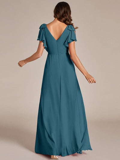 Double V-Neck High Split Bridesmaid Dress with Ribbon Bow #color_Teal
