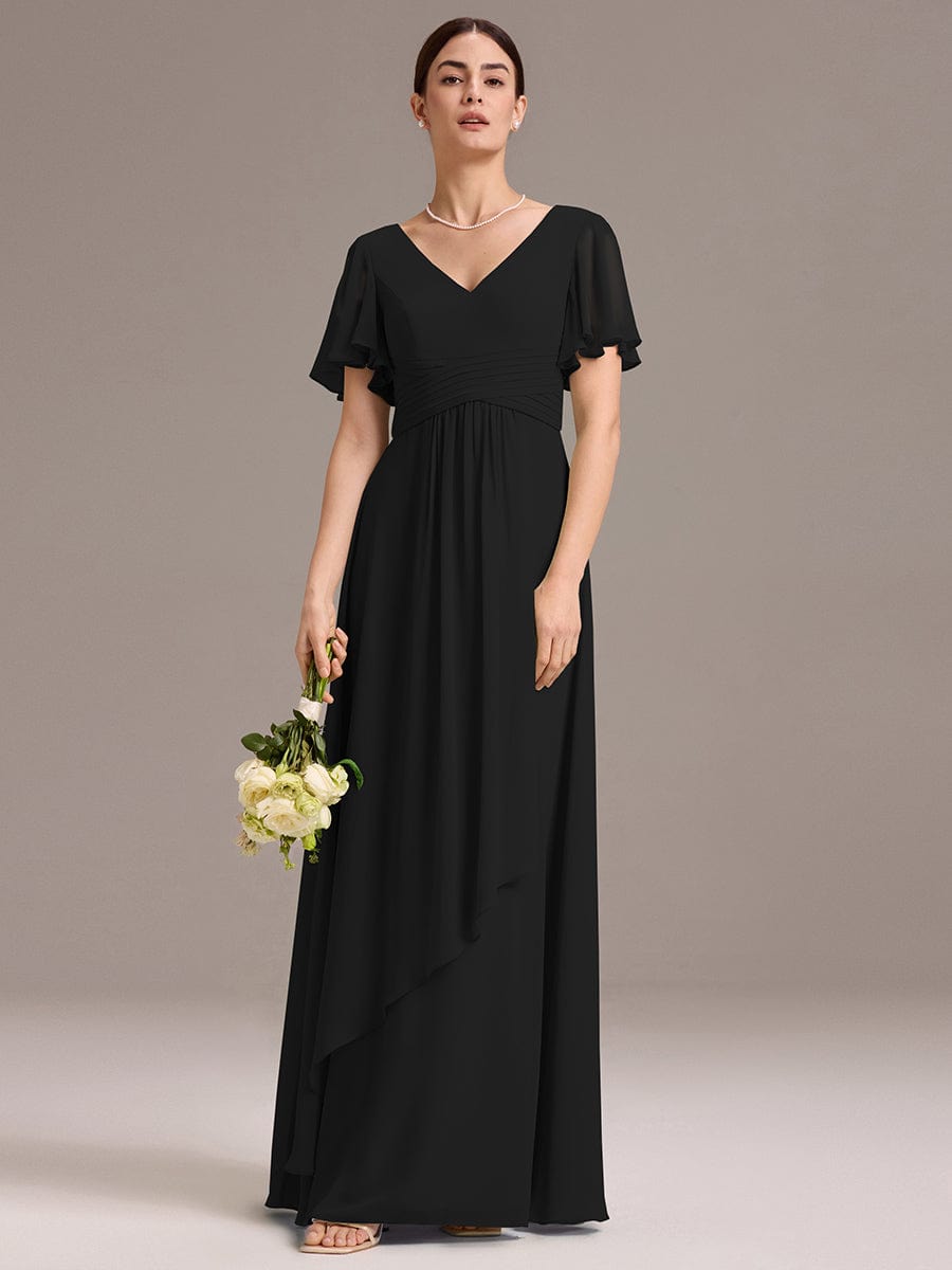 V Neck Ruffles Sleeve Pleated Maxi Bridesmaid Dress #color_Black
