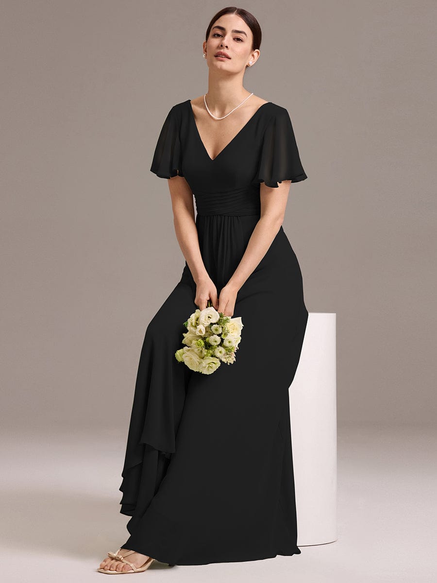 V Neck Ruffles Sleeve Pleated Maxi Bridesmaid Dress #color_Black
