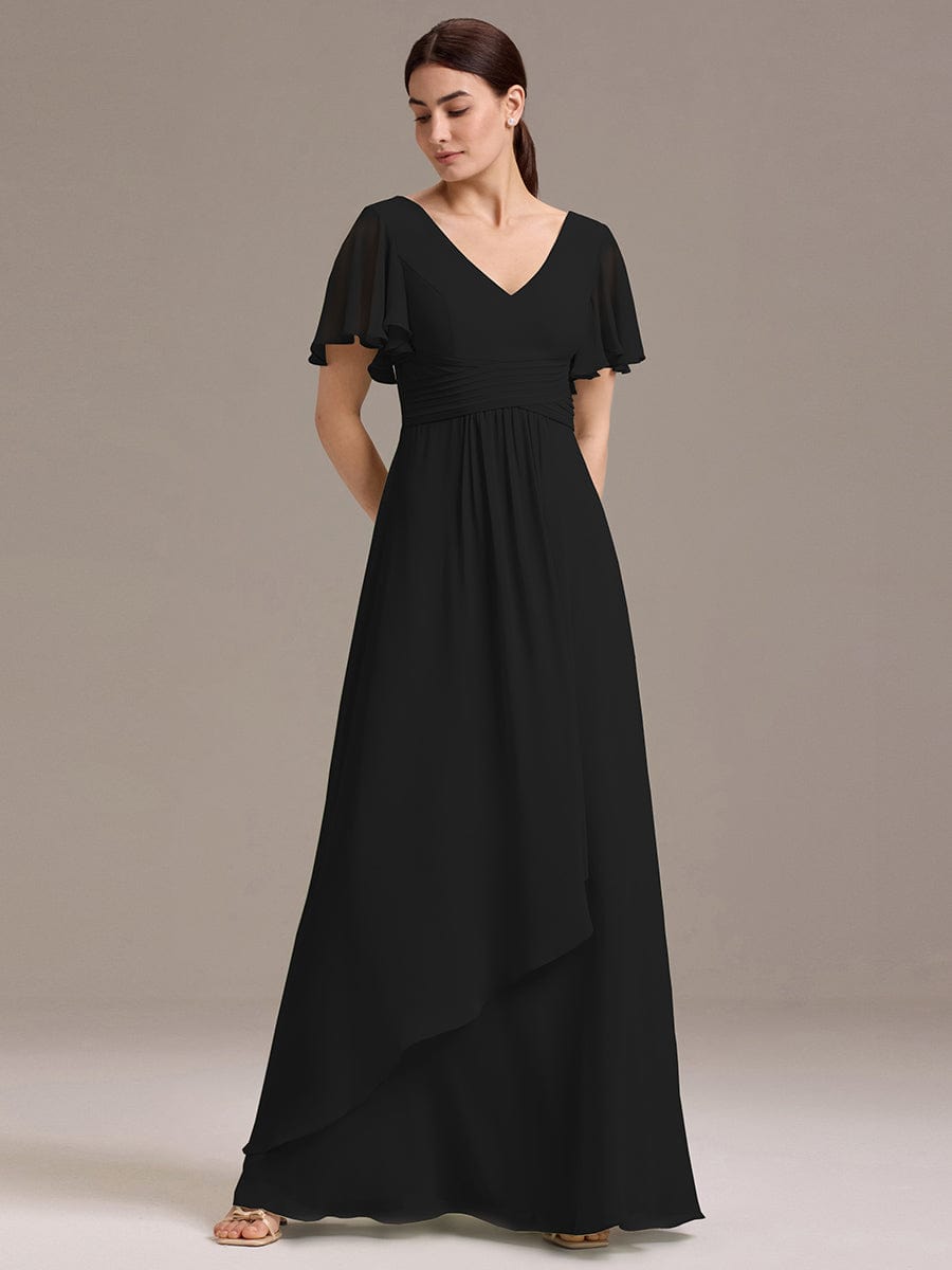 V Neck Ruffles Sleeve Pleated Maxi Bridesmaid Dress #color_Black