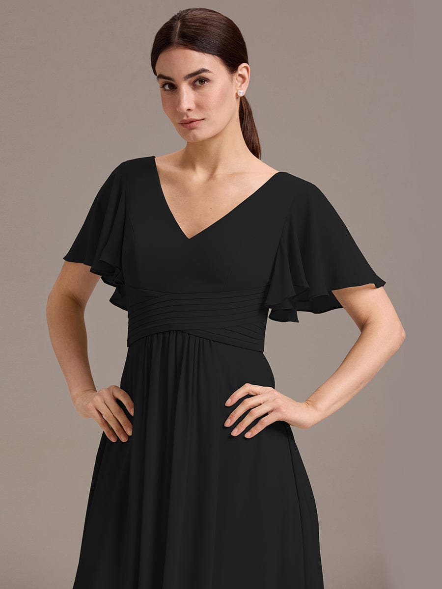 V Neck Ruffles Sleeve Pleated Maxi Bridesmaid Dress #color_Black