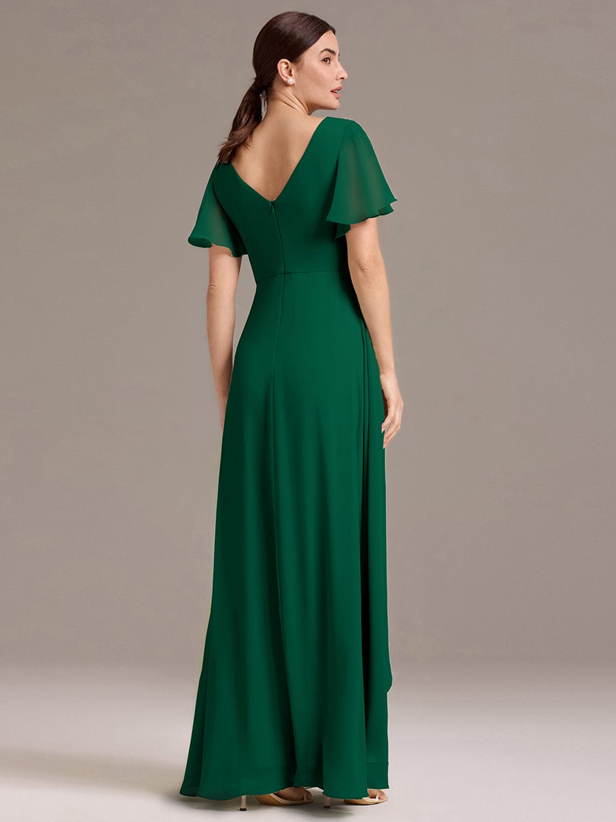 V Neck Ruffles Sleeve Pleated Maxi Bridesmaid Dress #color_Dark Green