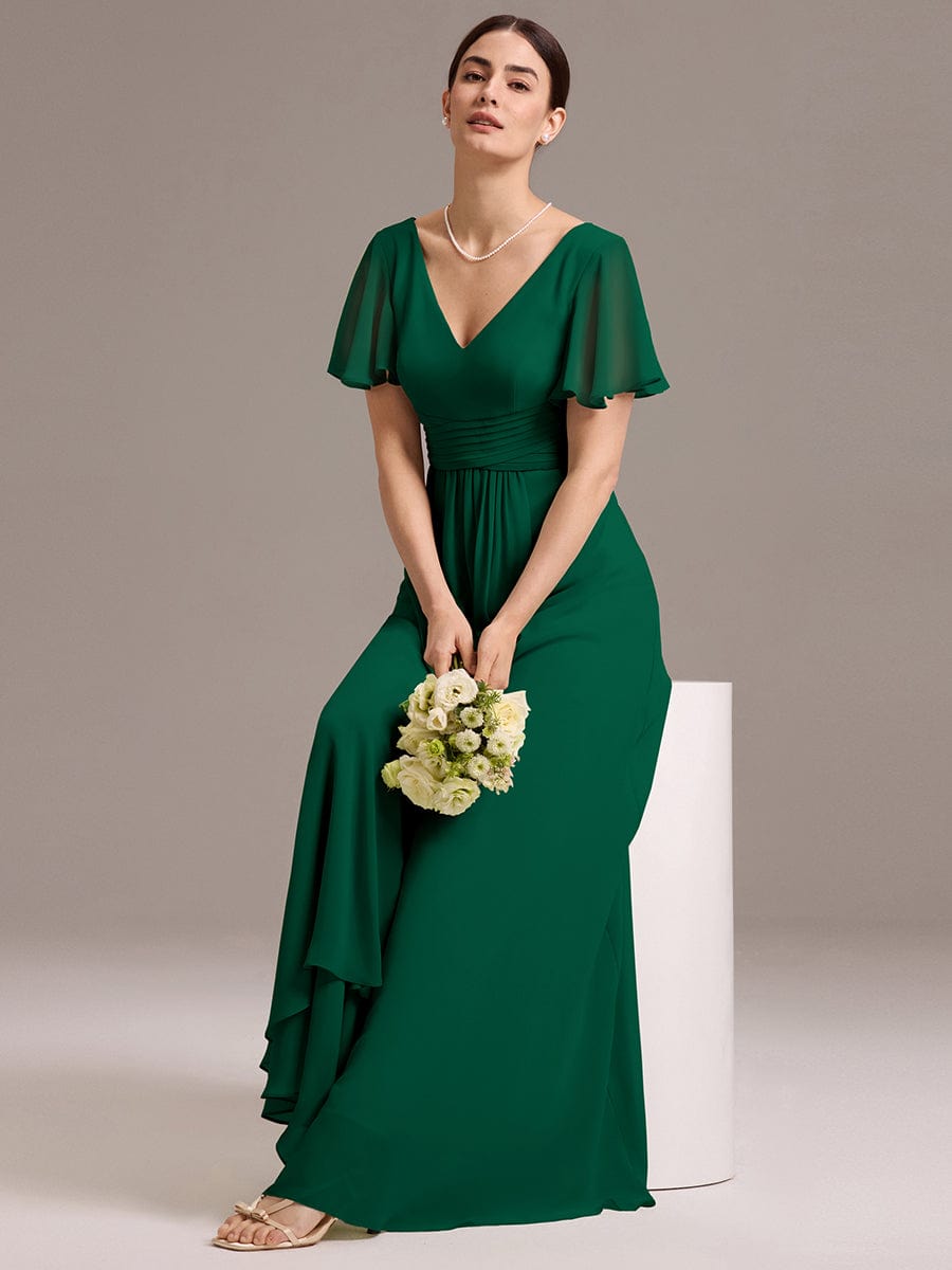 V Neck Ruffles Sleeve Pleated Maxi Bridesmaid Dress #color_Dark Green