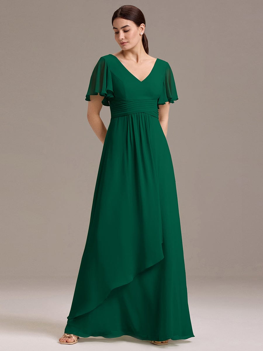 V Neck Ruffles Sleeve Pleated Maxi Bridesmaid Dress #color_Dark Green