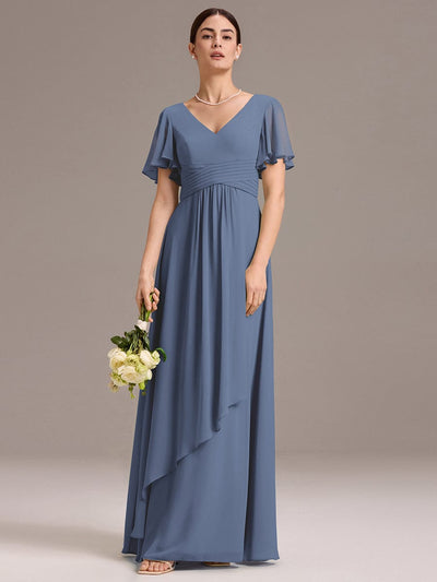 V Neck Ruffles Sleeve Pleated Maxi Bridesmaid Dress #color_Dusty Blue