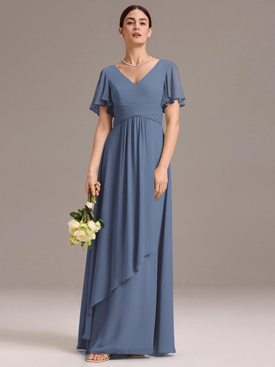 V Neck Ruffles Sleeve Pleated Maxi Bridesmaid Dress #color_Dusty Blue