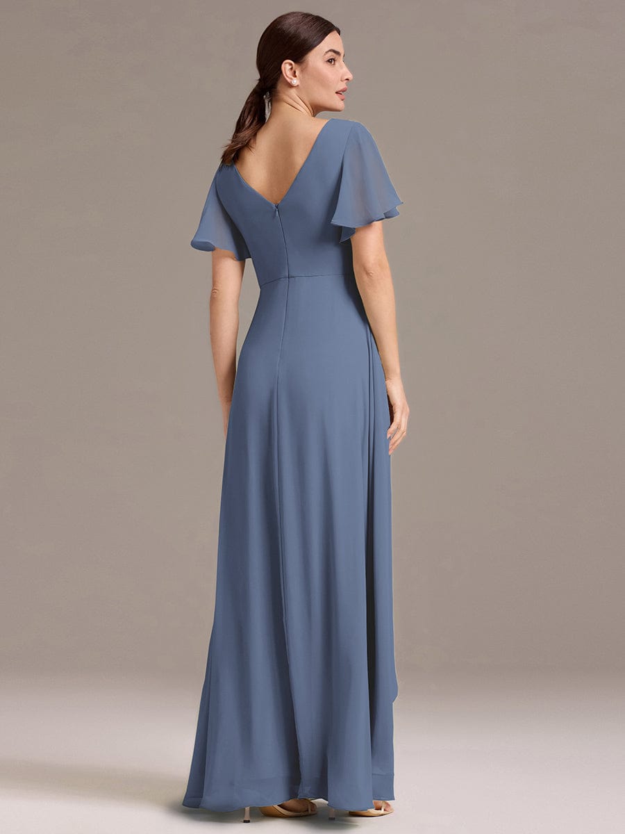 V Neck Ruffles Sleeve Pleated Maxi Bridesmaid Dress #color_Dusty Blue