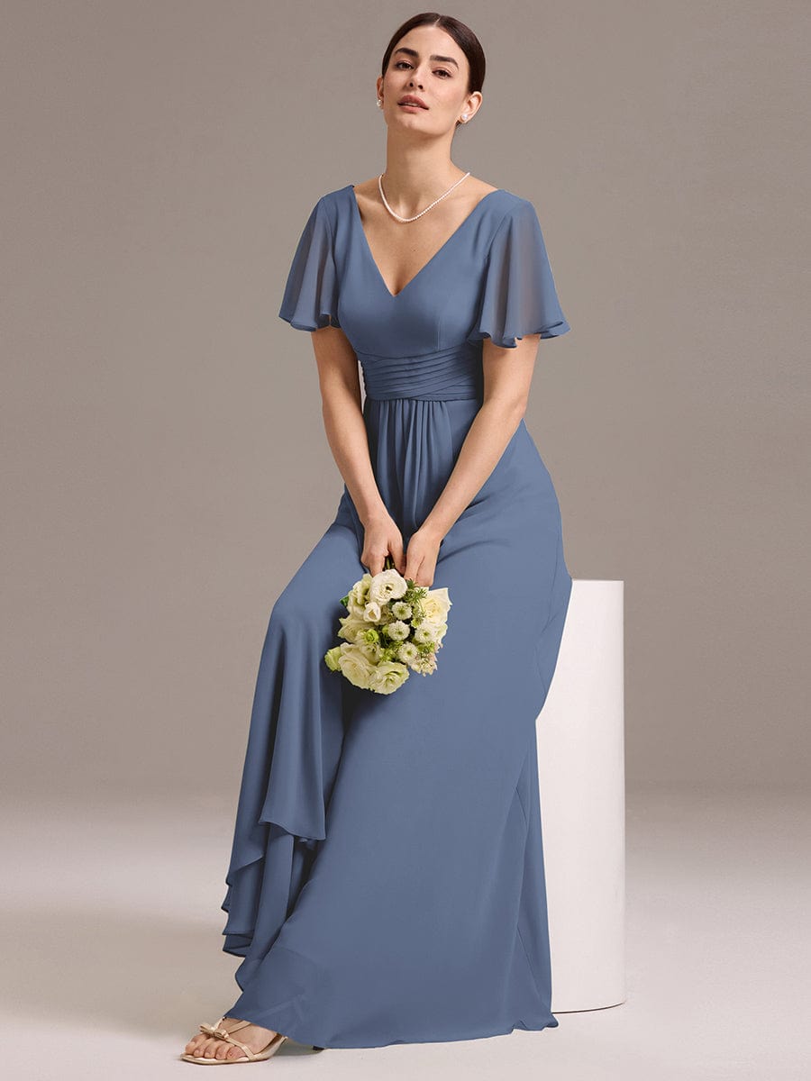 V Neck Ruffles Sleeve Pleated Maxi Bridesmaid Dress #color_Dusty Blue
