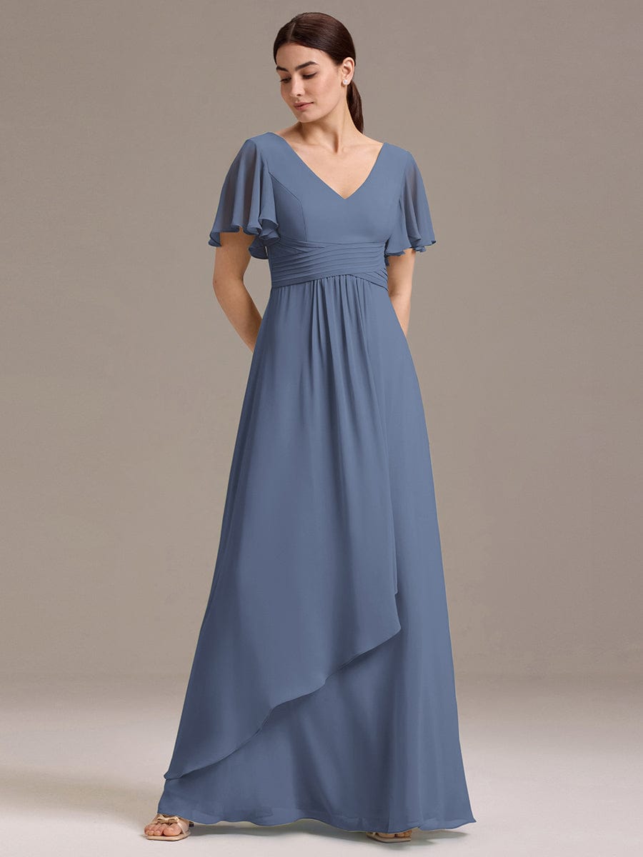 V Neck Ruffles Sleeve Pleated Maxi Bridesmaid Dress #color_Dusty Blue