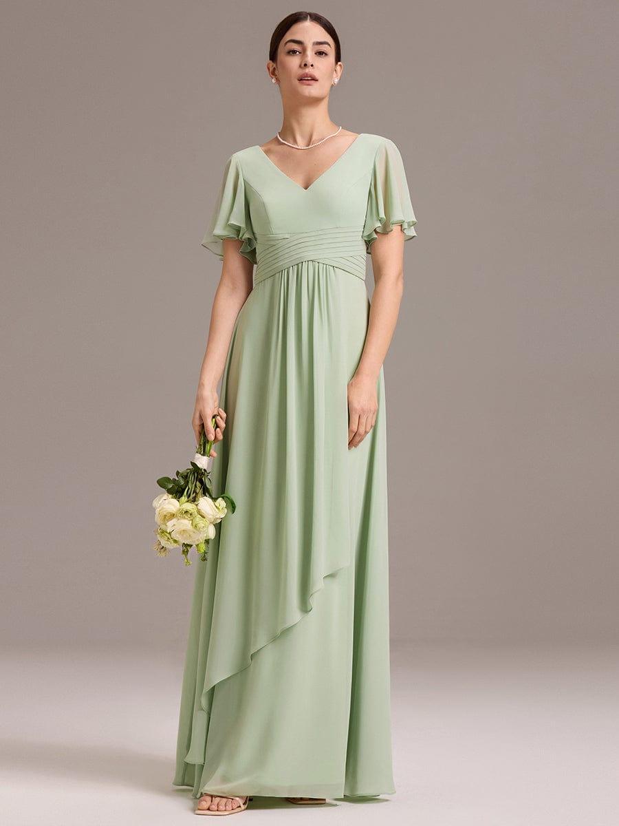 V Neck Ruffles Sleeve Pleated Maxi Bridesmaid Dress #color_Mint Green