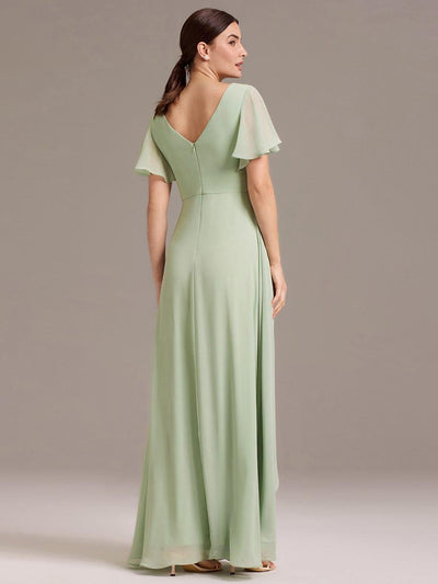 V Neck Ruffles Sleeve Pleated Maxi Bridesmaid Dress #color_Mint Green