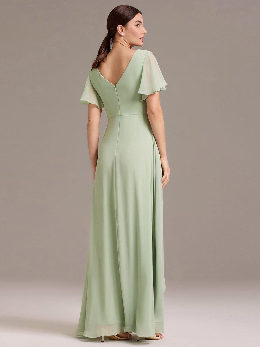 V Neck Ruffles Sleeve Pleated Maxi Bridesmaid Dress #color_Mint Green