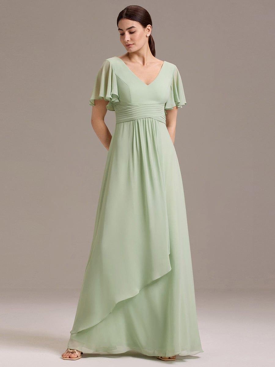 V Neck Ruffles Sleeve Pleated Maxi Bridesmaid Dress #color_Mint Green