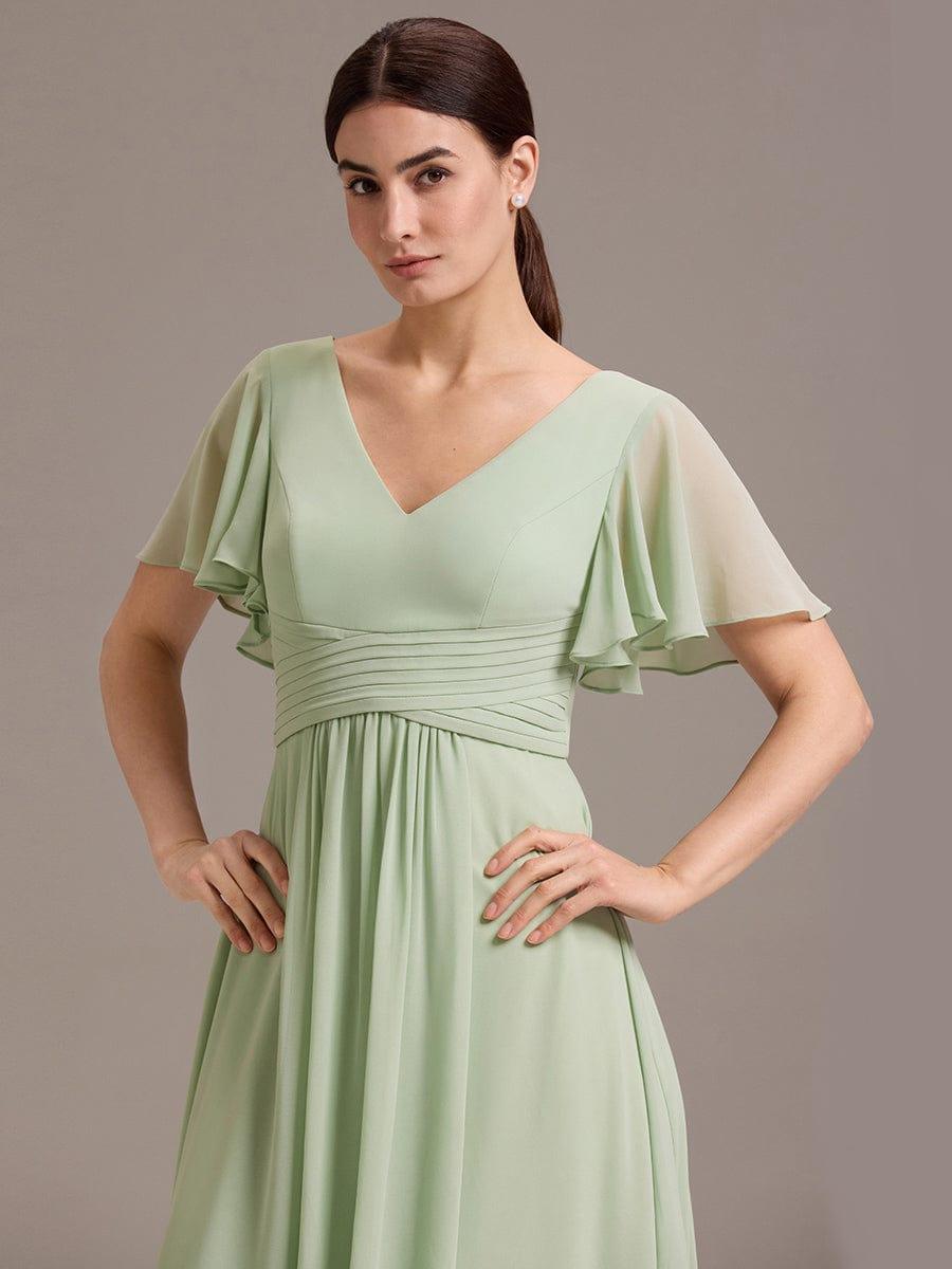 V Neck Ruffles Sleeve Pleated Maxi Bridesmaid Dress #color_Mint Green