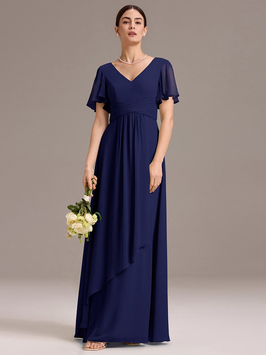 V Neck Ruffles Sleeve Pleated Maxi Bridesmaid Dress #color_Navy Blue