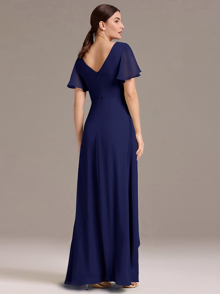 V Neck Ruffles Sleeve Pleated Maxi Bridesmaid Dress #color_Navy Blue
