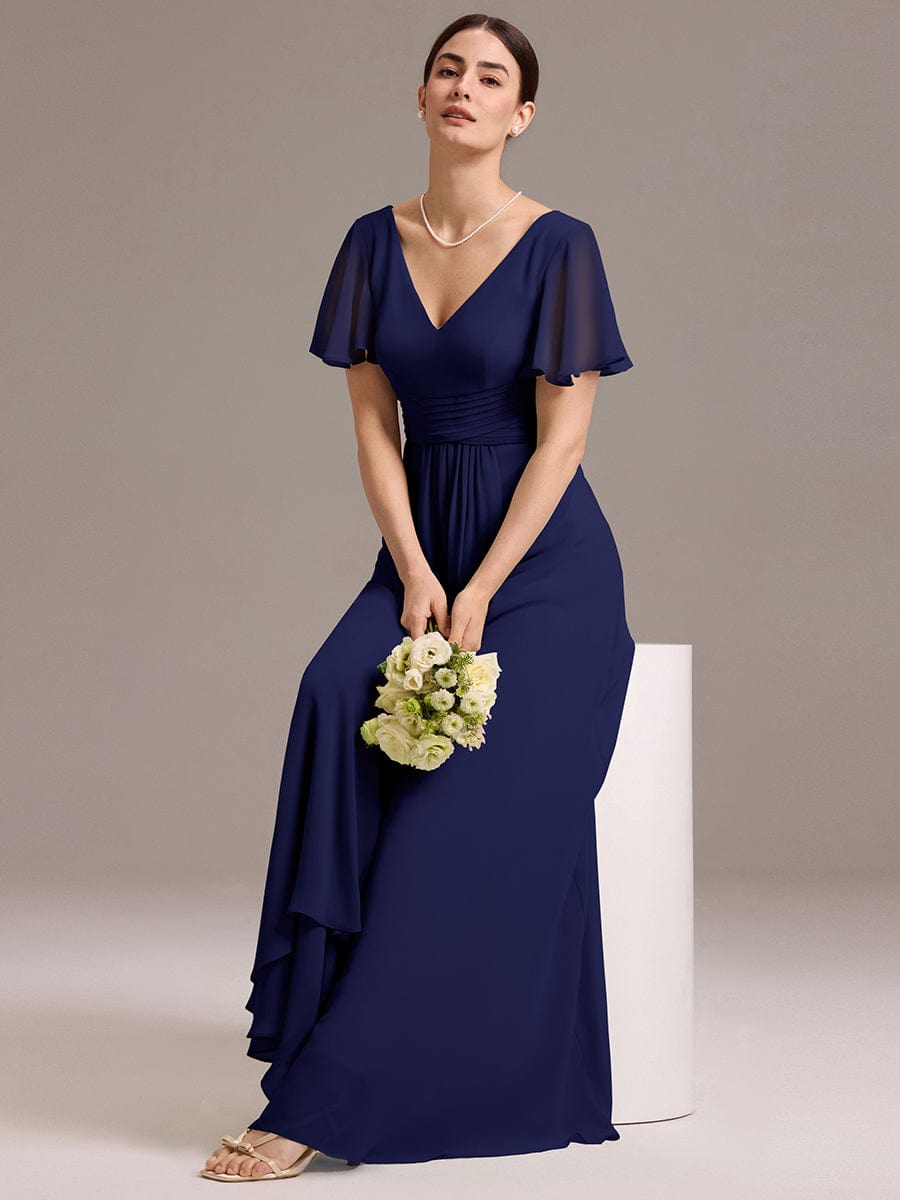 V Neck Ruffles Sleeve Pleated Maxi Bridesmaid Dress #color_Navy Blue