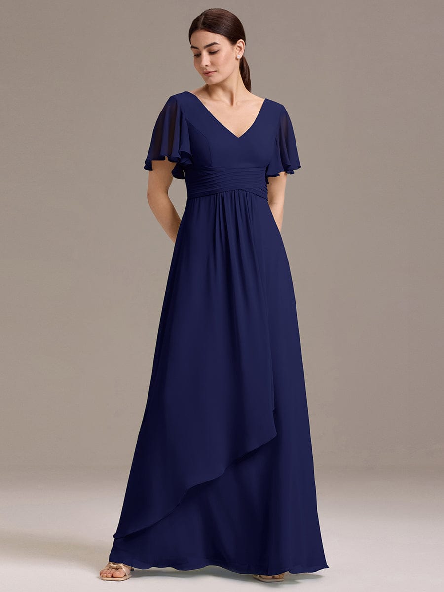 V Neck Ruffles Sleeve Pleated Maxi Bridesmaid Dress #color_Navy Blue