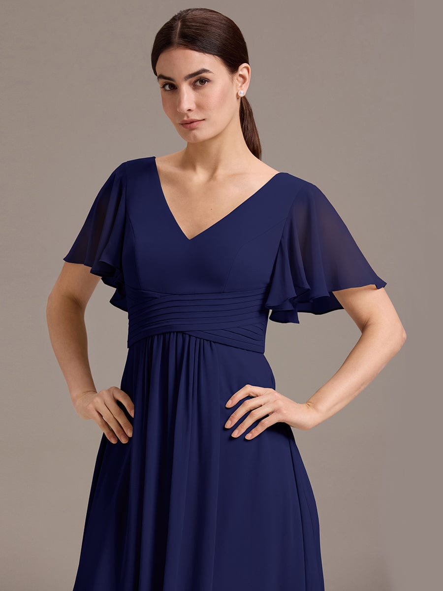 V Neck Ruffles Sleeve Pleated Maxi Bridesmaid Dress #color_Navy Blue