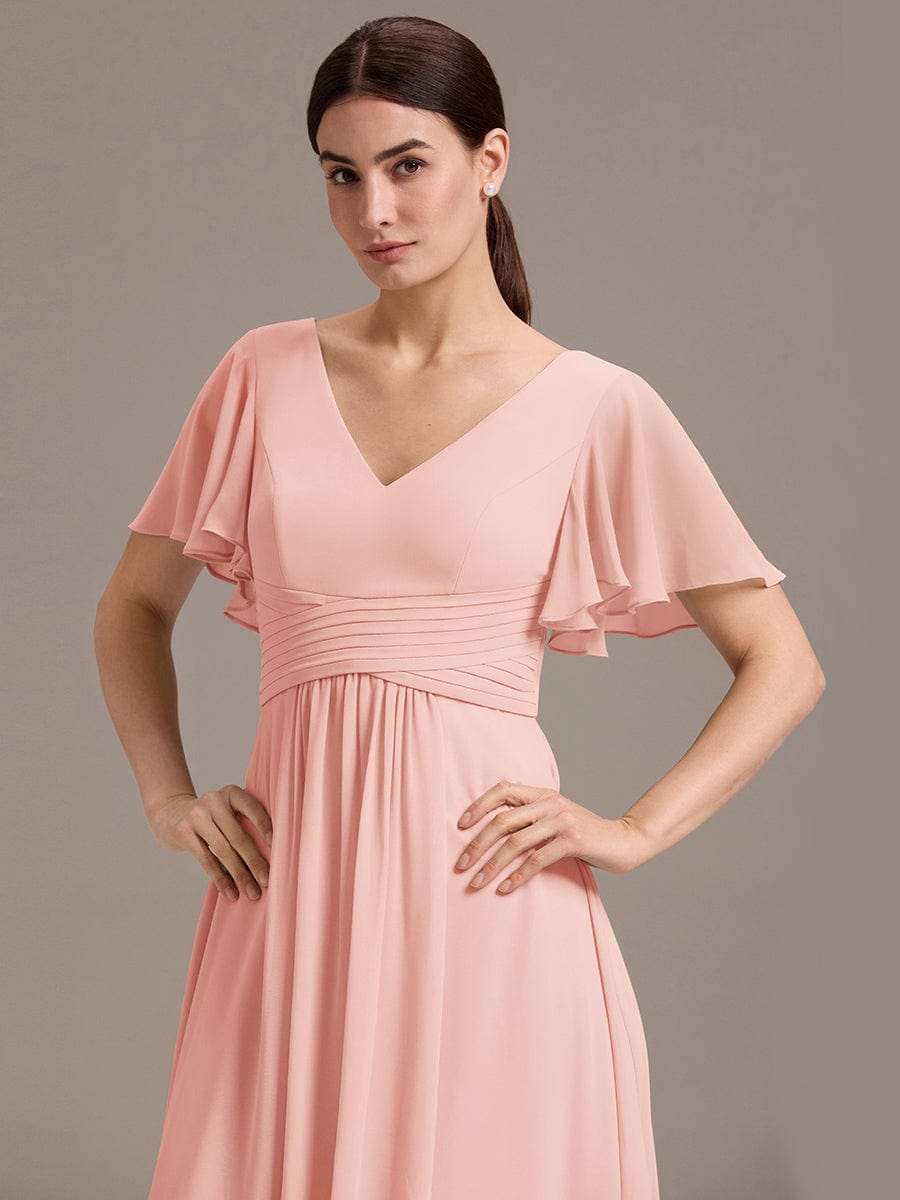 V Neck Ruffles Sleeve Pleated Maxi Bridesmaid Dress #color_Pink