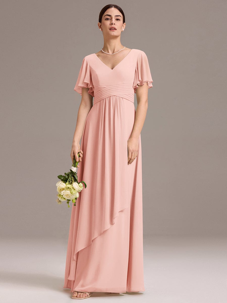 V Neck Ruffles Sleeve Pleated Maxi Bridesmaid Dress #color_Pink