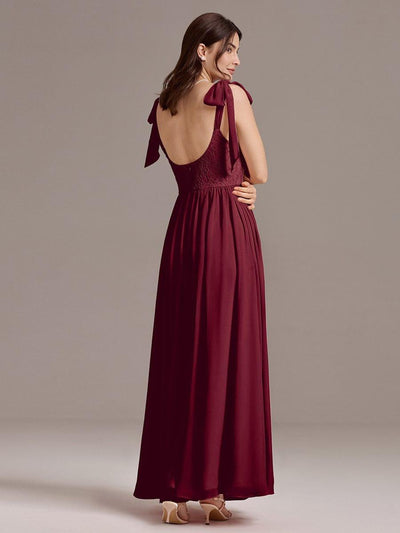U Shaped Back Tie Strap Sleeveless Maxi Dress #color_Burgundy