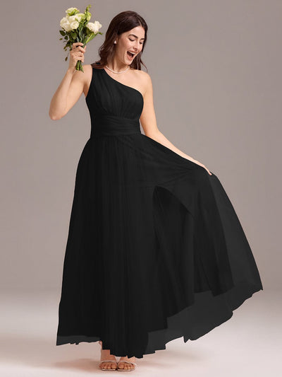 A-line One Shoulder Maxi Tulle Bridesmaid Dress With Ruffle #color_Black