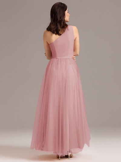 A-line One Shoulder Maxi Tulle Bridesmaid Dress With Ruffle #color_Dusty Rose