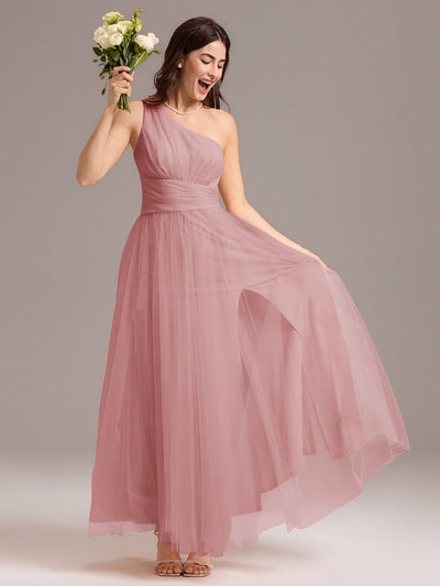 A-line One Shoulder Maxi Tulle Bridesmaid Dress With Ruffle #color_Dusty Rose