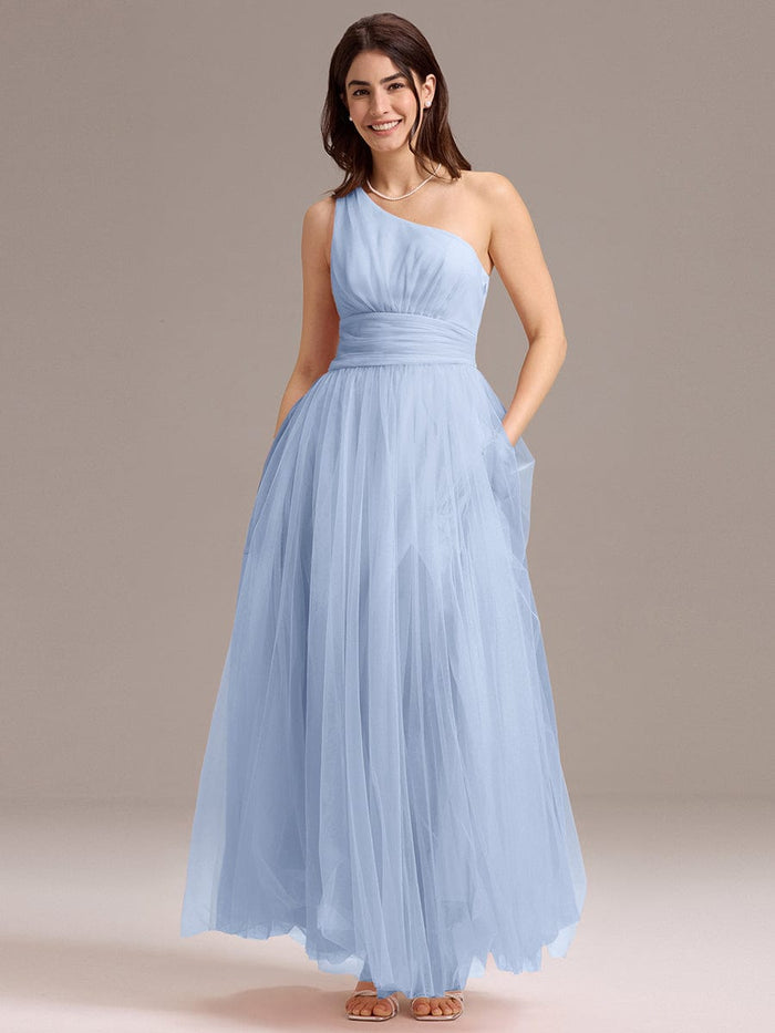 A-Line Halter Neck Maxi Tulle Bridesmaid Dress with Sash Ribbon Beading for Weddings