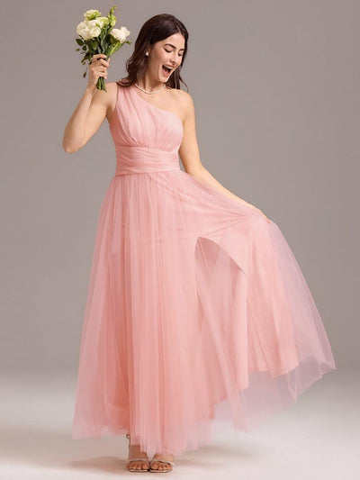 A-line One Shoulder Maxi Tulle Evening Dress With Ruffle #color_Pink